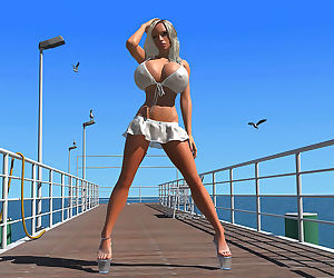 Tetona 3d Rubia Babe muestra su enorme Tetas bajo bikini..