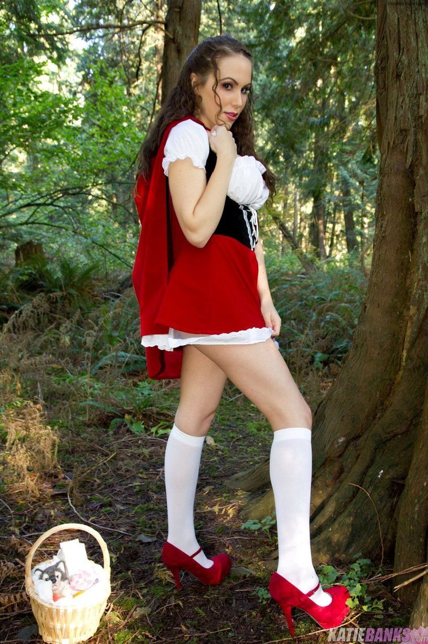 Amateur Katie Banks flashing tits and twat in woods dressed as Red Riding Hood